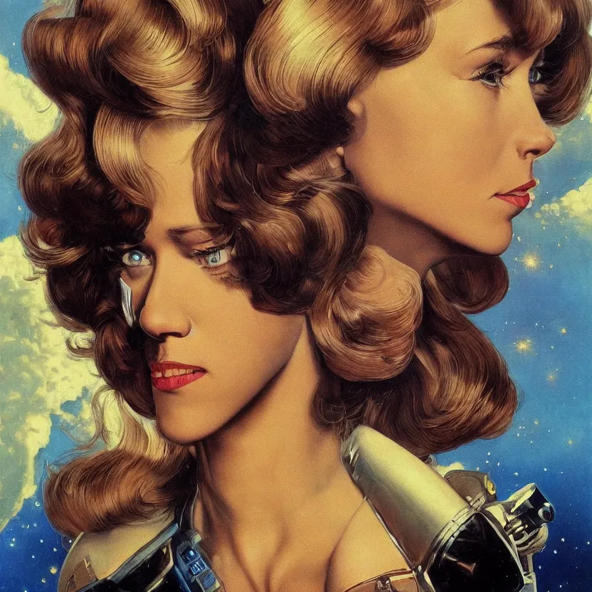 Image similar to close - up portrait of retrofuturistic young jane fonda in space. reflective detailed textures. soft gloomy dark background. highly detailed fantasy science fiction painting by moebius, norman rockwell, frank frazetta, and syd mead. rich colors, high contrast. artstation