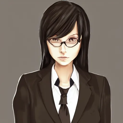 Image similar to woman in black business suit, chill, light brown neat hair, pixiv, fanbox, trending on artstation, portrait, digital art, modern, sleek, highly detailed, formal, serious, determined, blue tie, lawyer, colorized, smooth, charming, pretty, briefcase, safe for work