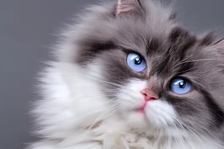 Prompt: a close up photo of a cute fluffy baby ragdoll cat saying uwu at the camera, trending on twitter, viral on facebook, 8k UHD