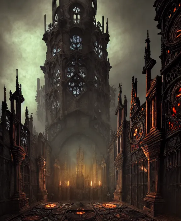 Image similar to steam necropolis, memento mori, gothic, neo - gothic, art nouveau, hyperdetailed copper patina medieval icon, stefan morrell, philippe druillet, ralph mcquarrie, concept art, steampunk, unreal engine, detailed intricate environment, octane render, moody atmospherics, volumetric lighting, ultrasharp, ominous, otherworldly