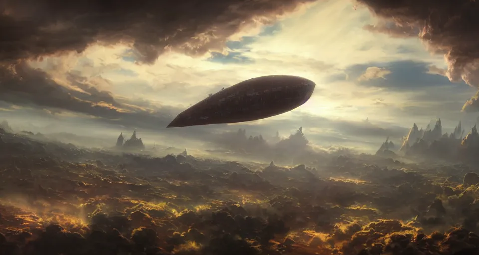 Prompt: An epic fantasy anime style landscape painting of a fantasy airship flying through the clouds towards a city built within a chasm, unreal 5, DAZ, hyperrealistic, octane render, dynamic lighting, vibrant