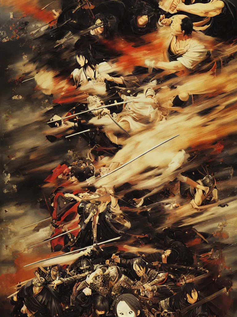 Image similar to baroque oil painting of key visual large scale samurai battle, akira kurosawa, brutalist fantasy, rule of thirds golden ratio, fake detail, trending pixiv fanbox, acrylic palette knife, style of makoto shinkai ghibli takashi takeuchi yoshiyuki sadamoto jamie wyeth james gilleard greg rutkowski chiho aoshima