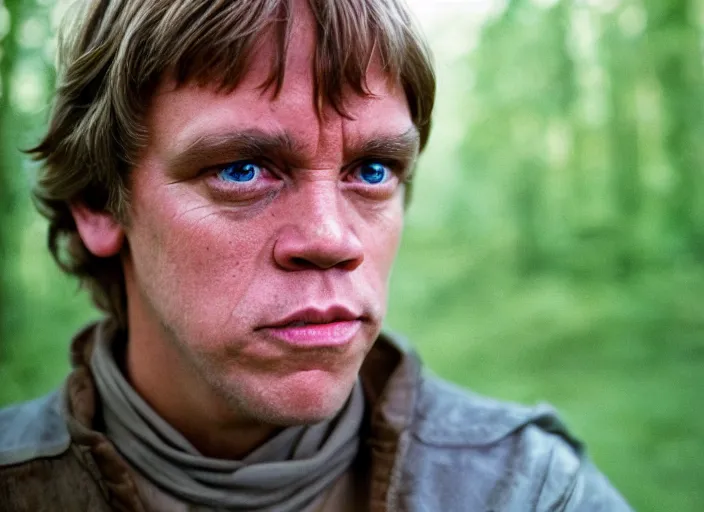 Prompt: stunning detailed portrait of luke skywalker at the new jedi temple in forest. mark hammill 1988, Photographed with Leica Summilux-M 24 mm lens, ISO 100, f/8, Portra 400