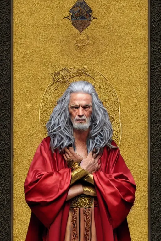 Image similar to Portrait of historically accurate, ancient biblical, sultry, sneering, evil, pagan, old kindah kingdom king, muscular, wearing gilded red royal robes, long white hair, intricate, elegant, highly detailed, digital painting, artstation, concept art, smooth, sharp focus, illustration, art by artgerm and greg rutkowski and alphonse mucha and andrei riabovitchev