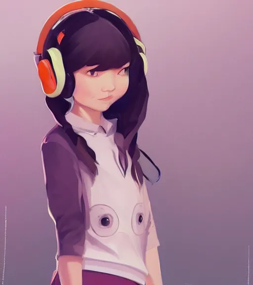 Image similar to beautiful little girl character inspired by 9 0's fashion and by madeline from celeste, art by rossdraws, wlop, ilya kuvshinov, artgem lau, sakimichan and makoto shinkai, concept art, headphones, anatomically correct, very coherent, realistic