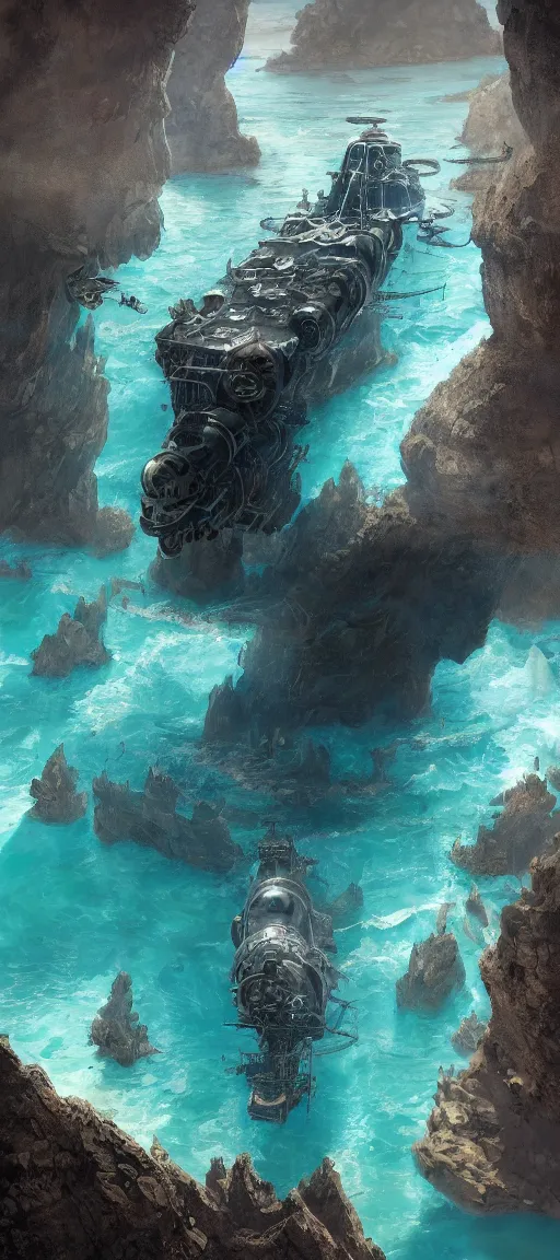 Image similar to A giant steampunk airship flying across a deserted black beach, the water is murky and silver, and the sky is teal, very detailed concept art, matte painting, digital art, concept art, realistic beautiful, trending on Artstation, Greg Rutkowski