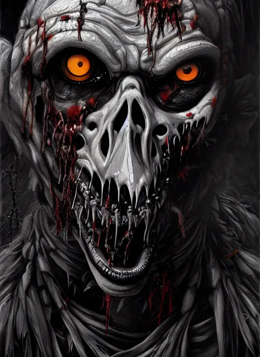 Prompt: close up portrait of a zombie crow in the mountains of hell, oil painting by tomasz jedruszek, cinematic lighting, pen and ink, intricate line, hd, 4 k, million of likes, trending on artstation