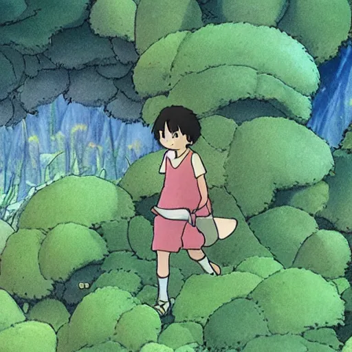 Prompt: Tiny human using leaf as an umbrella in giant garden, by Studio Ghibli, cinematic
