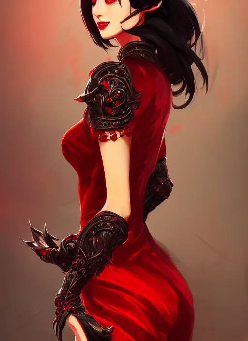 Image similar to a highly detailed illustration of hime cut black haired woman wearing red dress, dramatic smiling pose, intricate, elegant, highly detailed, centered, digital painting, artstation, concept art, smooth, sharp focus, league of legends concept art, wlop