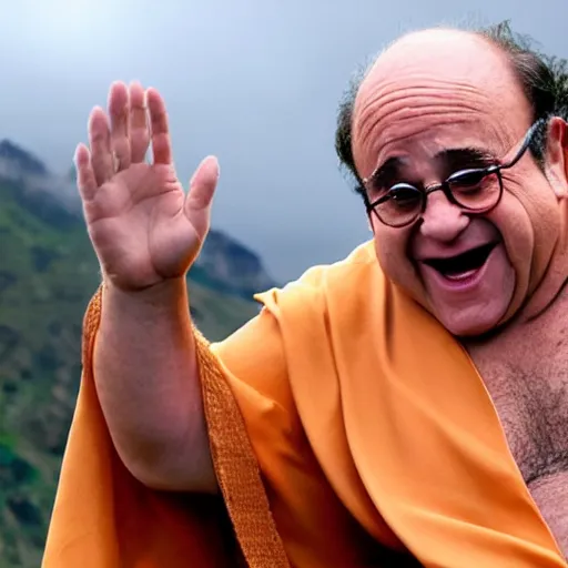 Image similar to godlike Danny DeVito, wearing a toga, eyes with no pupils, sitting atop Mount Olympus, stormy skies