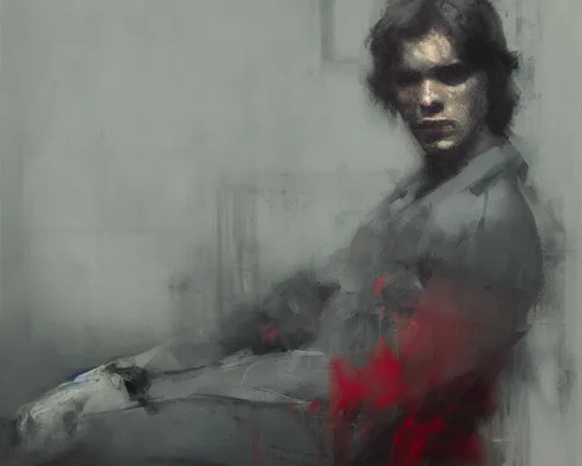 Image similar to portrait of young jacen solo caedus in shades of grey but with red and green by jeremy mann