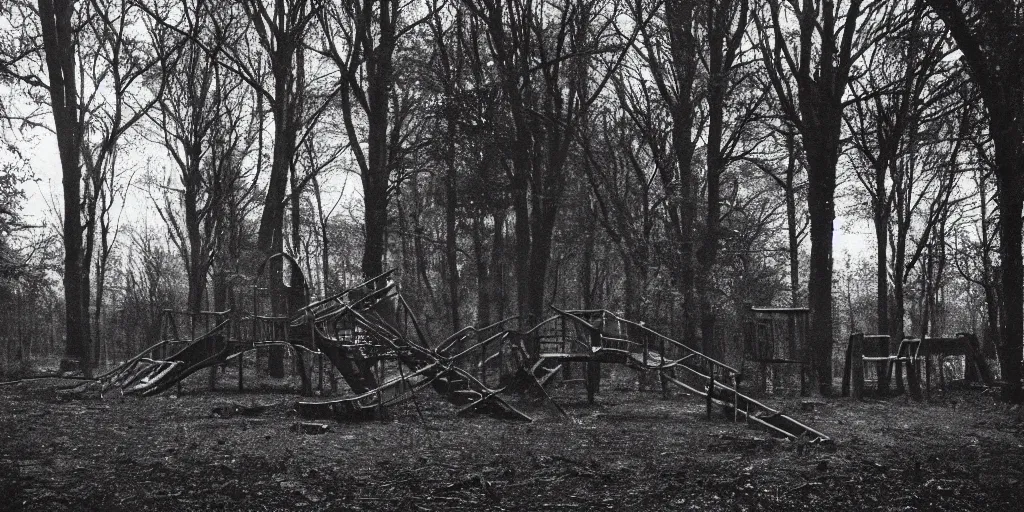 Prompt: a creepy atmospheric play ground in the dark woods, abandoned, haunted, ghost children, ghost hunters, volumetric lighting, film shot, Depth of field, close up shot, 1950's, ISO 1800, scratches, celluloid