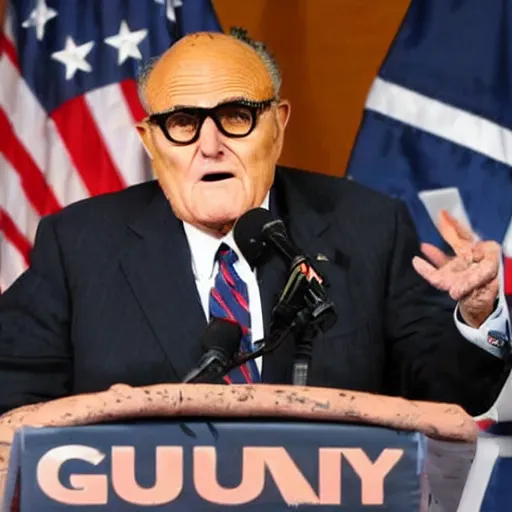 Image similar to Rudy Giuliani giving a press conference in a dump