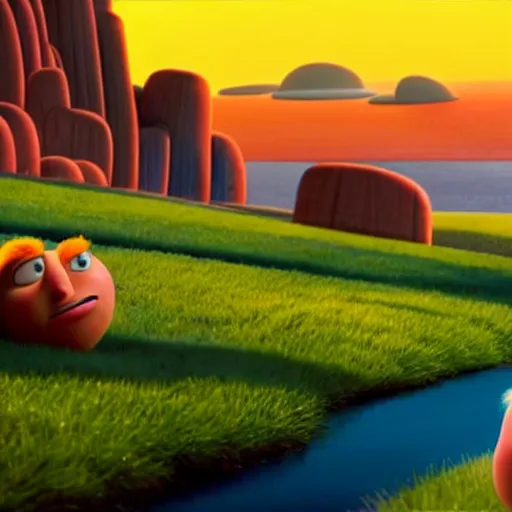 Prompt: A landscape from Cloudy with a Chance of Meatballs (2009), sunset time, award winning