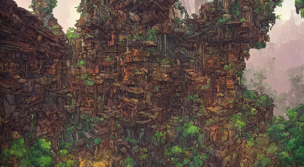 Image similar to open door wood wall fortress greeble block amazon jungle on portal unknow world ambiant fornite that looks like it is from borderlands and by feng zhu and loish and laurie greasley, victo ngai, andreas rocha, john harris