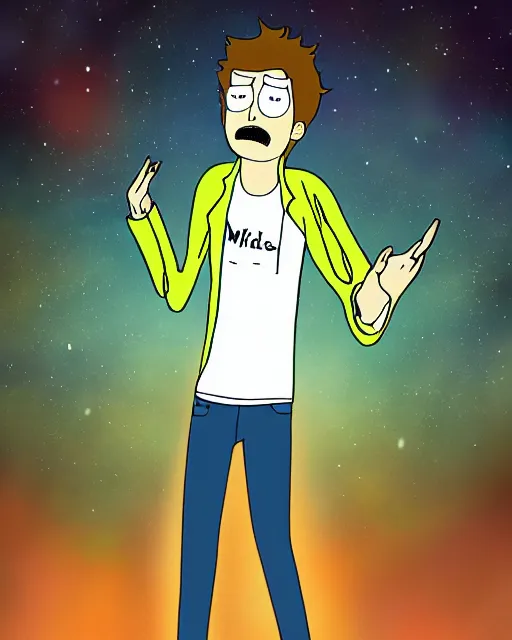 Image similar to michael jackson in the style of justin roiland. cinematic lighting. style of rick & morty. photographic, photography. by justin roiland