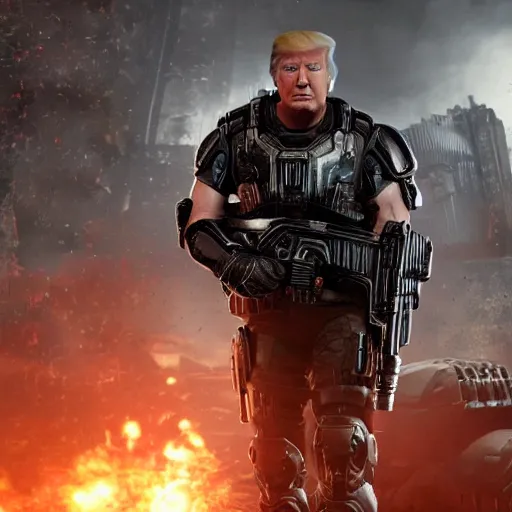 Image similar to Movie still of Donald Trump as ((the punisher)) in Gears of War, splash art, movie still, detailed face, cinematic lighting, dramatic, octane render, long lens, shallow depth of field, bokeh, anamorphic lens flare, 8k, hyper detailed, 35mm film grain