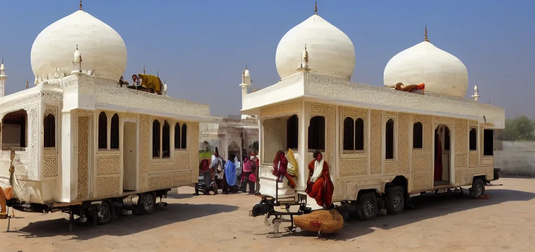 Prompt: mughal - style white ivory tiny home on trailer with minarets in agra, india