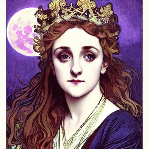 Prompt: evanna lynch portrait by louis - theophile hingre and alphonse mucha, realistic, sharp focus, zodiac signs, tarot cards, planets, ethereal, art nouveau, magic, moon, sun, crown, dreamy, royal, jewellery