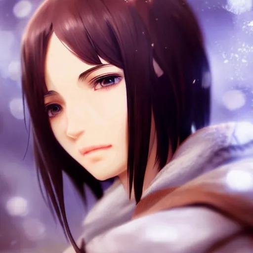 Image similar to mikasa ackerman, bokeh, beautiful face!!!!, 2 7 years old, cg animation, lifelike, animated, realistic, character select portrait, by artgerm, greg rutkowski, alphonse mucha, 3 d