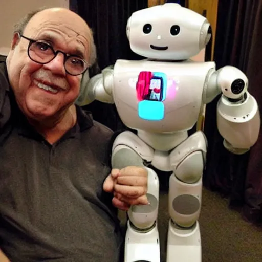 Image similar to <picture meta='attention-grabbing' description='cute adorable friendly caring' robotDesires='hug' location='alabama'>Robot meets Danny DeVito<picture>