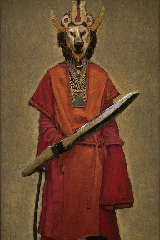 Image similar to slavic dog head man, woolen torso in medieval clothes, holding a weapon, orthodox, oil painting, concept art, hyperrealism, beautiful, high resolution, trending on artstation, by annie swynnerton and nicholas roerich, embroidered robes, elaborate costume, geometric ornament, symbolist, soft colors, dramatic lighting, extremely detailed, two hands,
