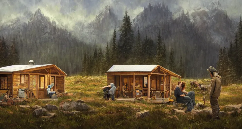 Image similar to cabela's beautiful comfortable modular pop - up insulated all terrain family dwelling, cabin,, person in foreground, mountainous forested wilderness open fields, beautiful views, painterly concept art, joanna gaines, environmental concept art, farmhouse, magnolia, concept art illustration, by james gurney, by craig mullins, by greg rutkowski trending on artstation