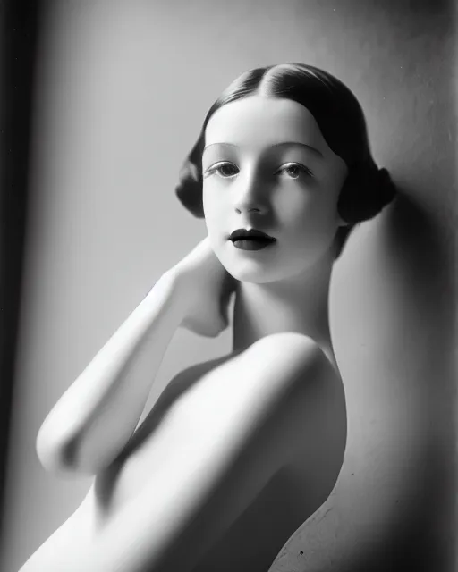 Image similar to black and white dreamy young beautiful female artificial intelligence, cinematic, rim light, bokeh, photo - realistic, elegant, high detail, 8 k, masterpiece, photo taken in 1 9 3 0 by cecil beaton