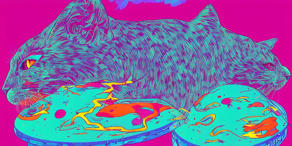 Image similar to risograph of electric cats that fly over ice, a lot of tv screens around, shrimps are all over the ground, acid and dreaming psychedelic hallucinations, by moebius, colorful surreal design, hd, 8 k, artstation