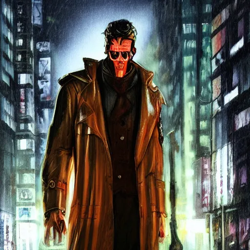 Prompt: frankenstein's monster wearing a trench coat on a wet nighttime street, cyberpunk style, trending on art station, trending on deviantart, 8 k resolution, epic digital art