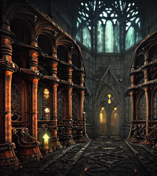 Image similar to steam necropolis, memento mori, gothic, neo - gothic, art nouveau, hyperdetailed copper patina medieval icon, stefan morrell, philippe druillet, ralph mcquarrie, concept art, steampunk, unreal engine, detailed intricate environment, octane render, moody atmospherics, volumetric lighting, ultrasharp, ominous, otherworldly