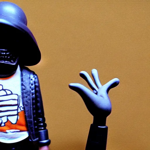 Image similar to a claymation film still of mf doom rapping. claymation by bruce bickford