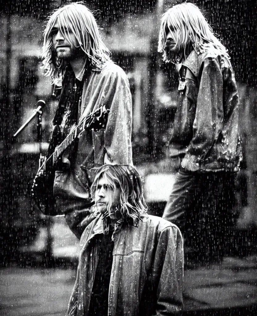 Image similar to medium format photo of kurt cobain in seattle, raining! nighttime, color, photorealistic, hyperdetailed, 8 k