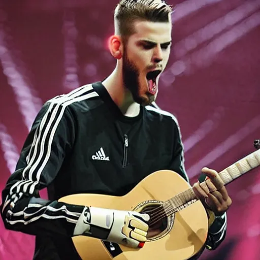 Image similar to david de gea singing pop playing the guitar, indoor