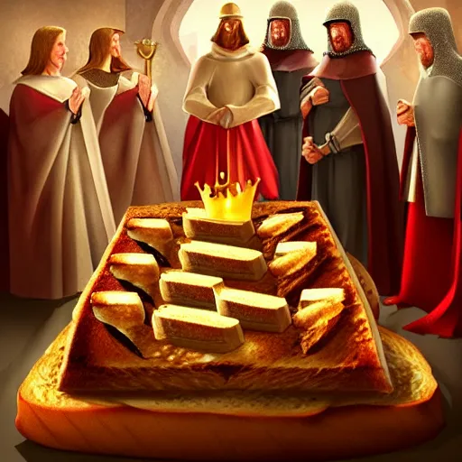 Image similar to medieval toast with king, queen and guests, realistic, artstation, fantasy