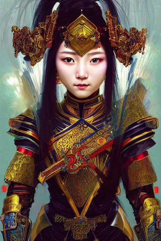 Prompt: beautiful and divine and holy and elite and colorlpunk three kingdom chinese female armor knight portrait like twice tzuyu+shinnyy eyes+front face with light flowing hair, ultradetail face, art and illustration by tian zi and craig mullins and WLOP and alphonse mucha, fantasy, intricate complexity, human structure, human anatomy, fantasy character concept, watermark, blurry, hyperrealism 8k