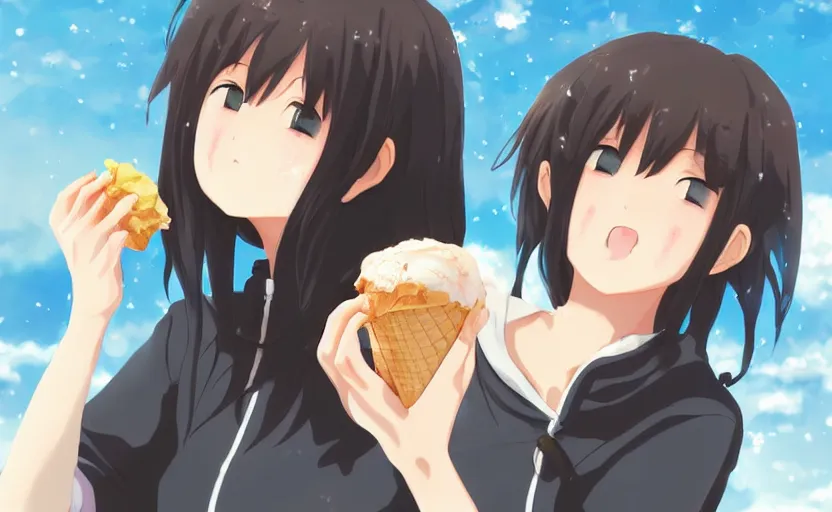 Image similar to An anime girl eating ice cream, feeling the cold on her tongue, anime scenery by Makoto Shinkai, digital art