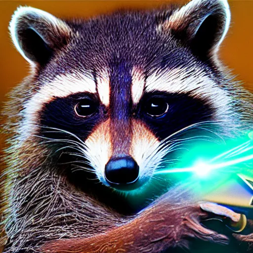 Image similar to racoon holding a laser gun, digital art , centred award winning 4K