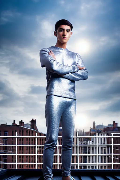 Image similar to un ultra high definition studio quality photographic art portrait of a young man standing on the rooftop of a british apartment building wearing soft padded silver pearlescent clothing. three point light. extremely detailed. golden ratio, ray tracing, volumetric light, shallow depth of field. set dressed.