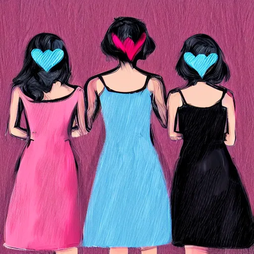 Prompt: three girls, one of them wear a pink dress, the other a black dress and the lat one a blue dress, they all wear glasses, digital painting, hd, elegant, smooth