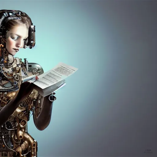 Image similar to a beautiful intricate fine art portrait photo of a a mechanical industrial steampunk cybernetic robot reading a letter held in her hands, by tom bagshaw and zach sutton, perfection!, happiness!!, golden ratio composition, studio lighting, 50mm lens, very detailed, bionic, cybernetic scifi, deep depth of field, artstation, 8K, highly coherent