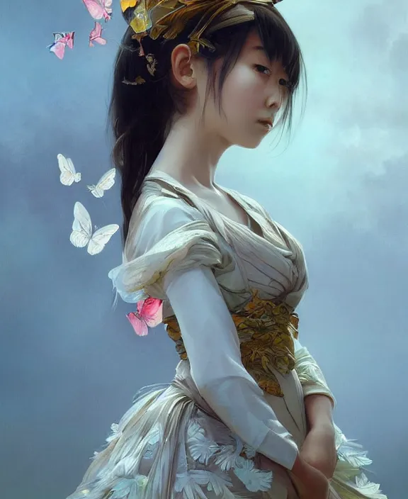 Prompt: young japanese girl in dress made of butterfly, realistic portrait, highly detailed, digital painting, artstation, concept art, smooth, sharp focus, illustration, cinematic lighting, art by artgerm and greg rutkowski and alphonse mucha and boris vallejo and frank frazetta