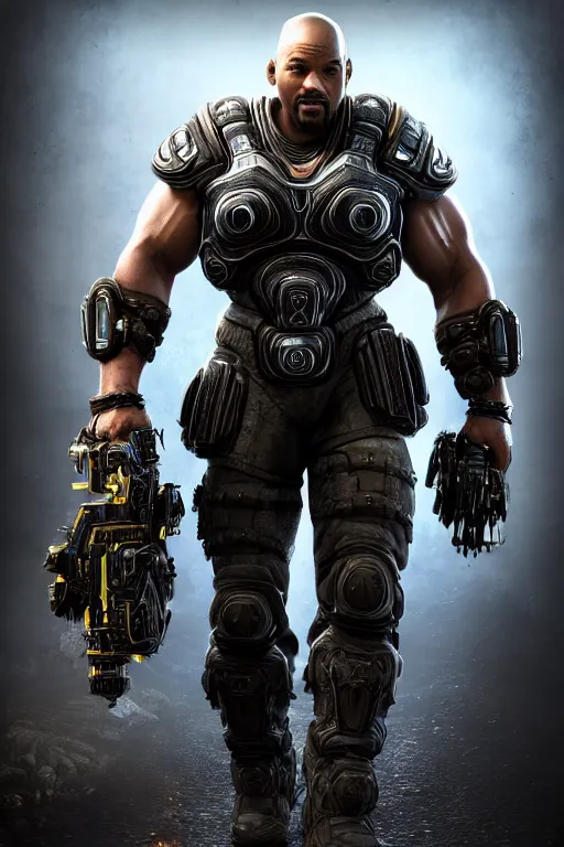 Image similar to Will smith as a muscular Gears of War character, photorealism, half body, HDR ambient background, unreal engine 5, hyperrealistic, highly detailed, XF IQ4, 150MP, 50mm, F1.4, ISO 200, 1/160s, cinematic lights, Adobe Lightroom, photolab, Affinity Photo, PhotoDirector 365, realistic