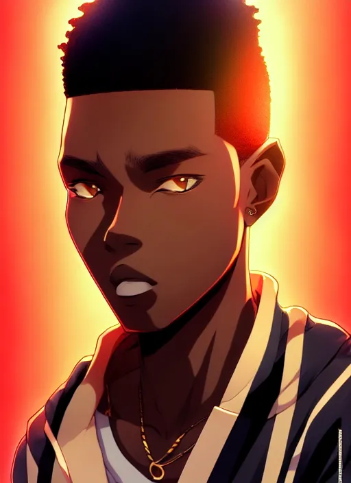 Prompt: handsome hip hop young black man only, anime style only, confident, scenery wallpaper aesthetic, vintage retro colors, symmetrical face, cinematic, dramatic, super detailed and intricate, hyper realistic, 4 k render, by artgerm, by kyoung hwan kim, by ralph mcquarrie, by yoshiyuki tomino