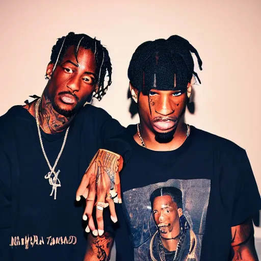 Image similar to ninja and travis scott, photograph, washed out, phone camera