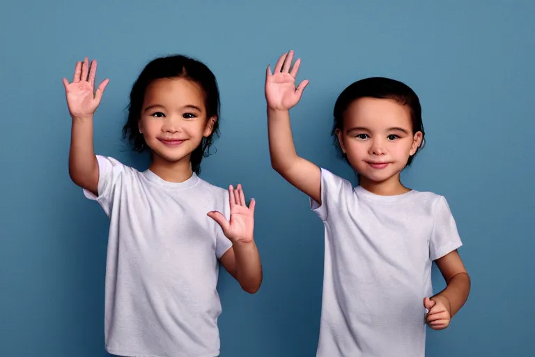 Prompt: digital portrait of cute little kids waving their hands, matte colors, night time, photorealistic faces and skin tones, volumetric lighting, smooth, trending on artstation, moonlit backdrop, 4 k, 8 k