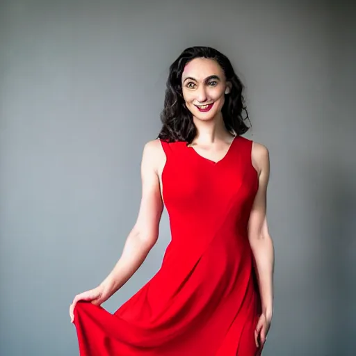 Image similar to Stunning studio photograph of Gal Godot in a red dress smiling slightly for the camera, XF IQ4, f/1.4, ISO 200, 1/160s, 8K, RAW, unedited, symmetrical balance, in-frame, sharpened