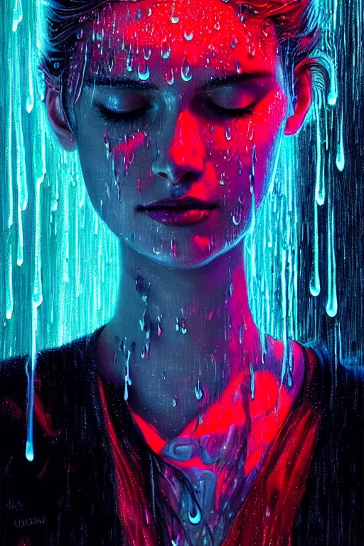 Image similar to portrait of a woman in the glowing neon rain with wet hair and face, rain drops, fantasy, intricate, elegant, dramatic lighting, highly detailed, lifelike, photorealistic, digital painting, artstation, concept art, smooth, sharp focus, illustration, art by John Collier and Albert Aublet and Krenz Cushart and Artem Demura and Alphonse Mucha