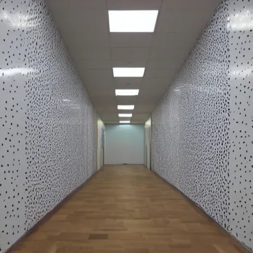 Image similar to a white corridor with a giant polka dot pattern on the walls