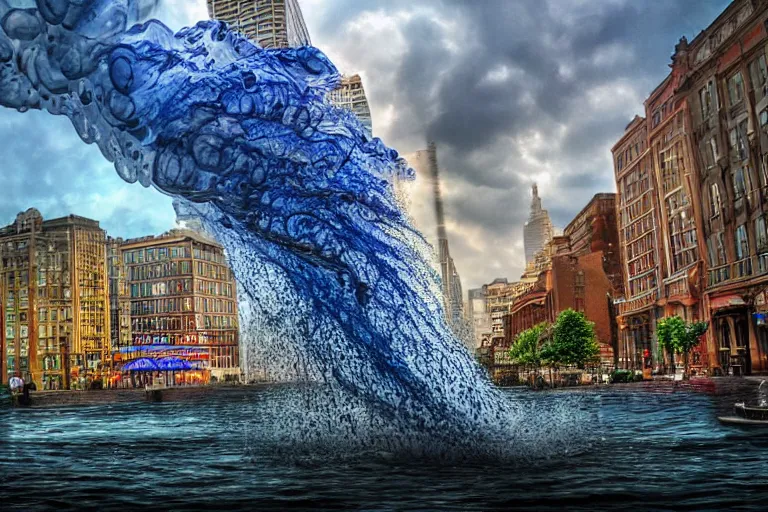 Image similar to water tornado in the city, ultra realistic, photorealistic, highly detailed, sharp focus, vivid, colorful